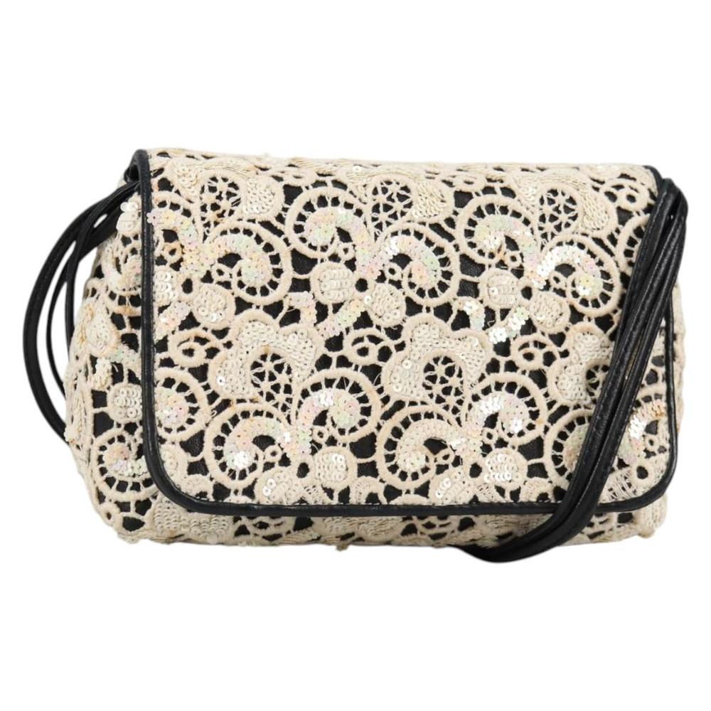 CHANEL Sequin Shoulder Bag Leather White Gold CC Auth 140995